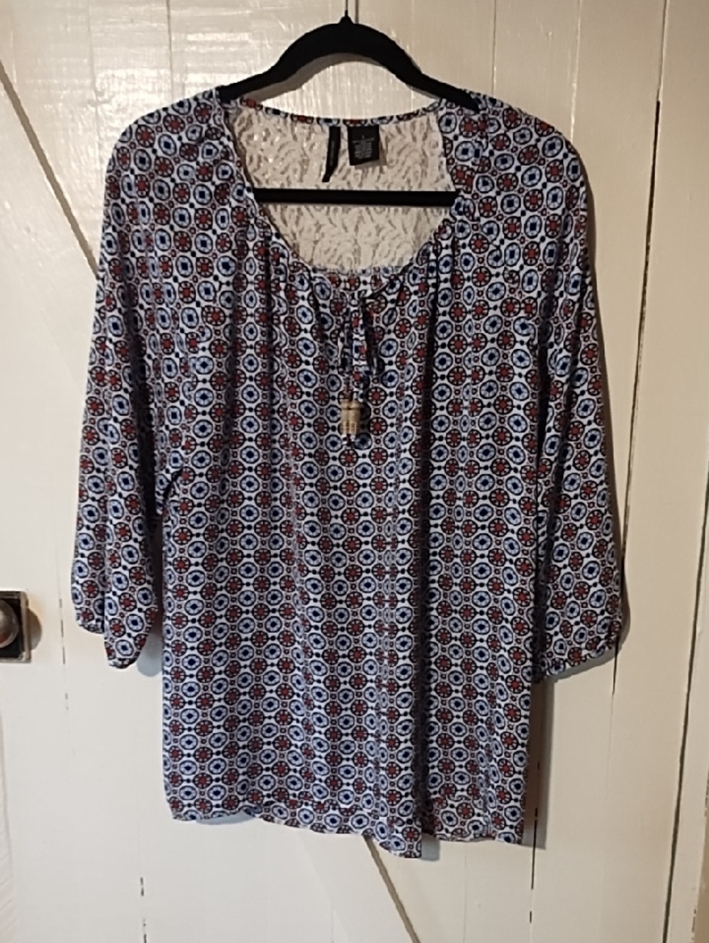 new directions Blue and Red Geometric Peasant Tunic